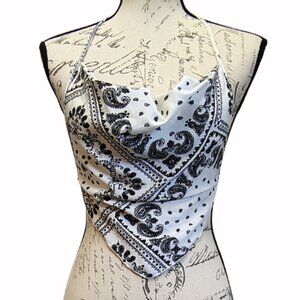 White and Black Paisley Backless Bandana Halter Top Size Small /‎ Medium -  Y2K
